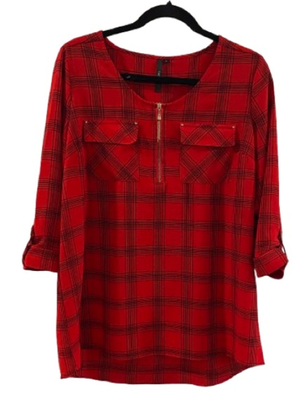Cathy Blouse, Women’s Size L, 1/4 Sleeve, Zip, Red & Black